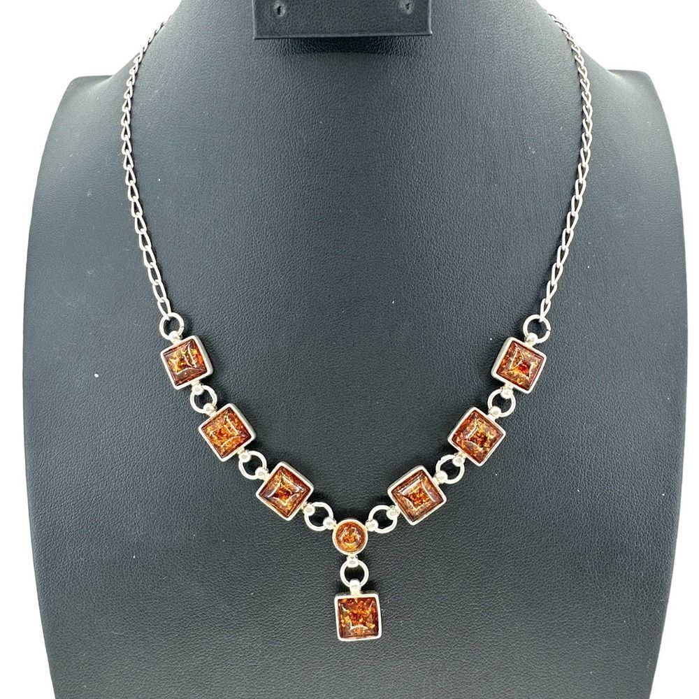 Amber Color Y Link Pendant Sterling Silver Necklace Spring Ring Clasped 17”